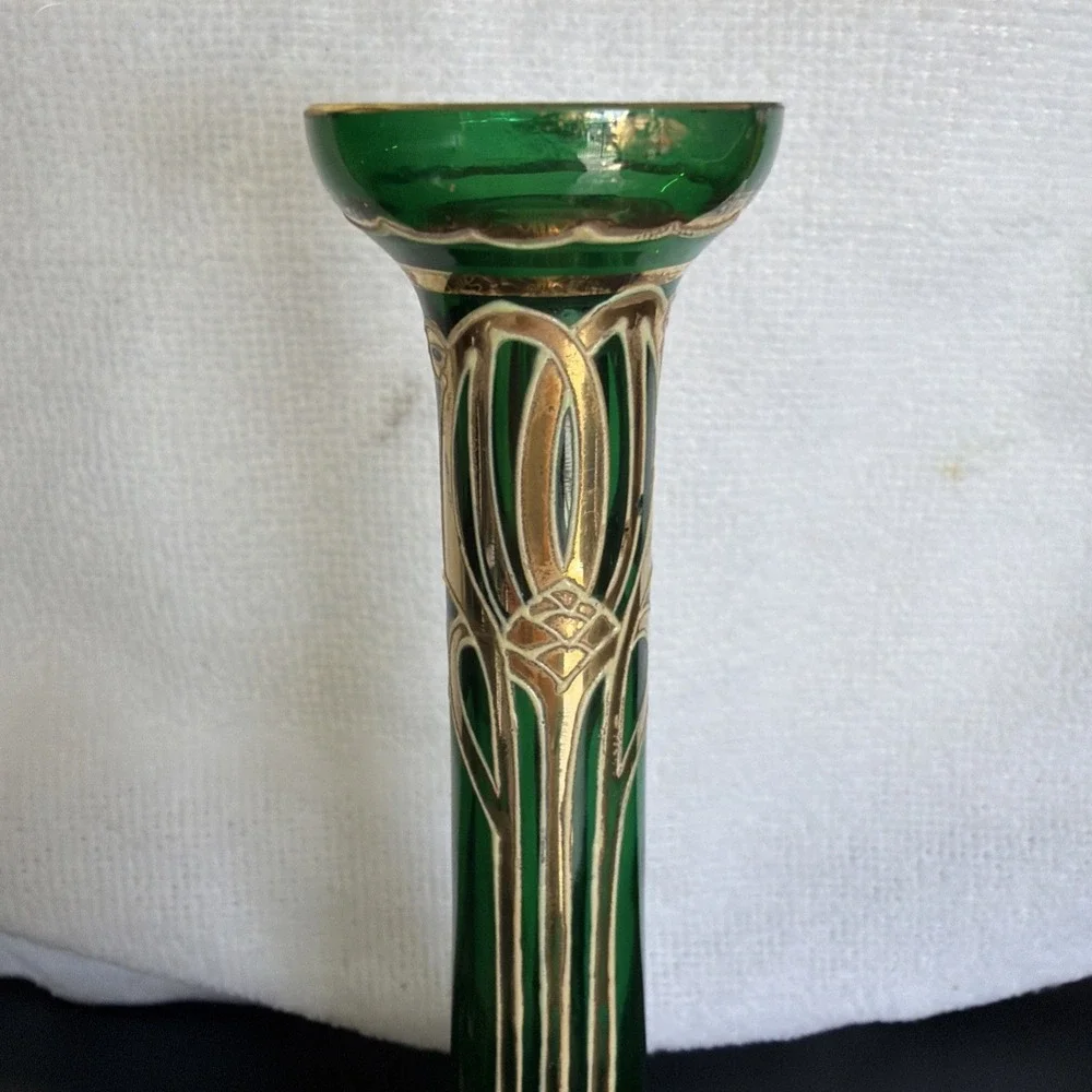 Vtg Art Nouveau Jugendstil Gold Gilded Green Satin Glass Vases 2 Ea Circa 1900s‎